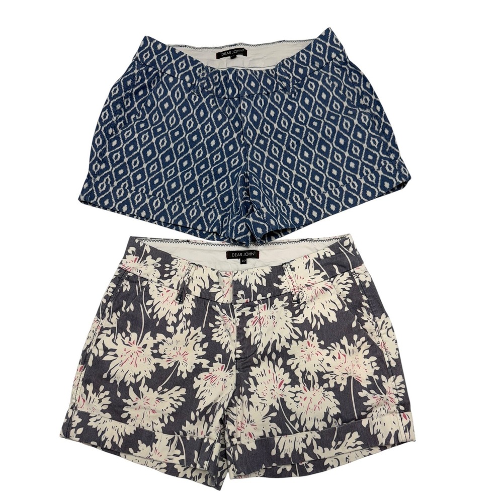 Dear John Womens Shorts Bundle Size 27 Blue Geometric Grey Floral Cuffed 2 Pack
